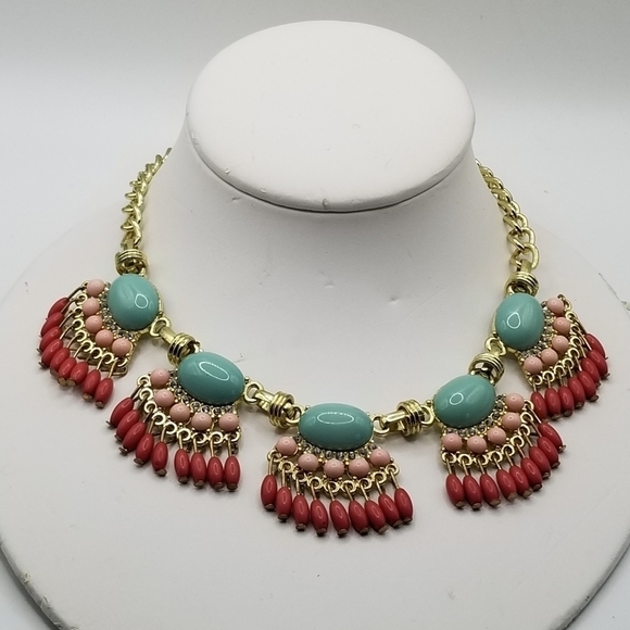 J Crew Beaded Statement Necklace Fan Colorful Multicolor Gold Tone Fringe Dangle - Picture 2 of 11